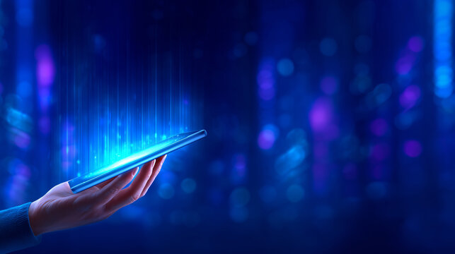 A person grips a smartphone that emits bright blue light and visual patterns against a dark backdrop, suggesting a futuristic or technological environment at night
