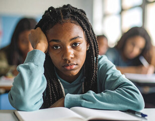 Worried Teenager with Bruised Eyes Studying in Class