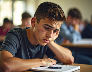 Teen Student in Classroom with Tired and Confused Look