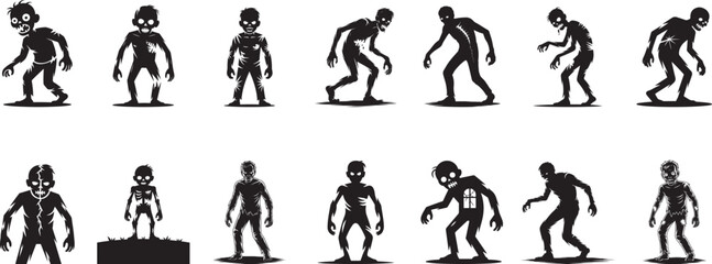 Black Silhouettes of Zombies in Various Poses Halloween Illustration