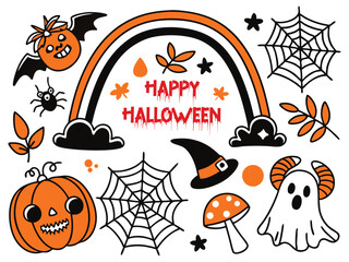 Playful Halloween illustration with pumpkin, ghost, bats, spider webs, and festive 'Happy Halloween' text in bright colors.