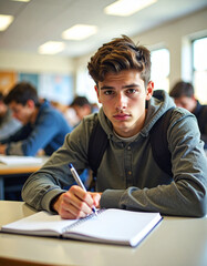 Young male student sitting confused in classroom with head resting on hand and notebook
