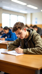 Teen Boy Sitting in Classroom Focused on Writing in Notebook