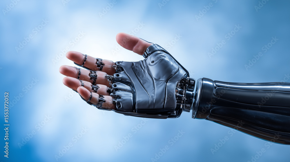 Aufkleber a sleek robotic hand is extended towards the sky against a bright blue backdrop, demonstrating the f