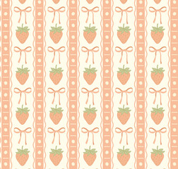 Charming seamless vector pattern with vintage-style strawberries and bows on striped background. Ideal for textiles, gift wrap, children's products, and nostalgic decorative applications.