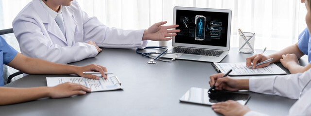 Medical science technology and futuristic healthcare virtual computer software analyze human health...
