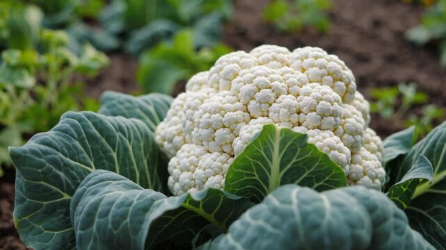Close-Up of Cauliflower Head in Field