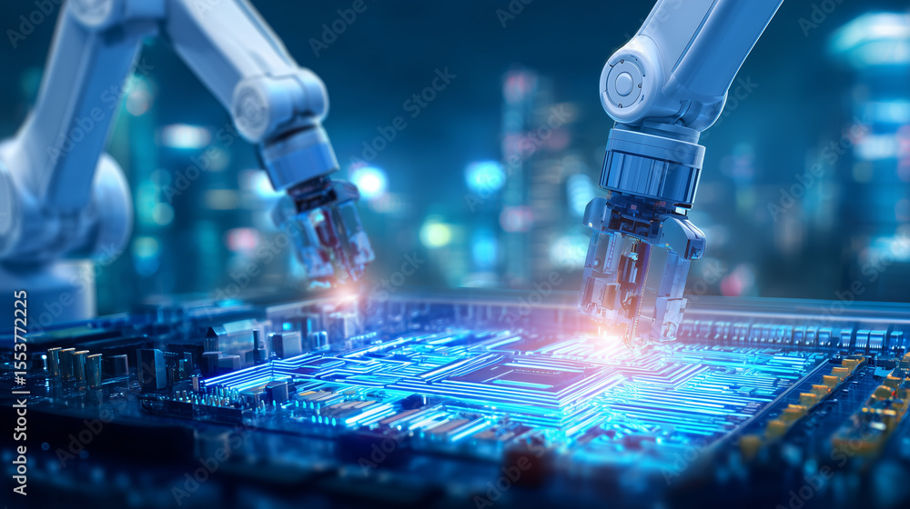 Poster robotic arms carefully work together to assemble a microchip on a circuit board, illuminated by vibr