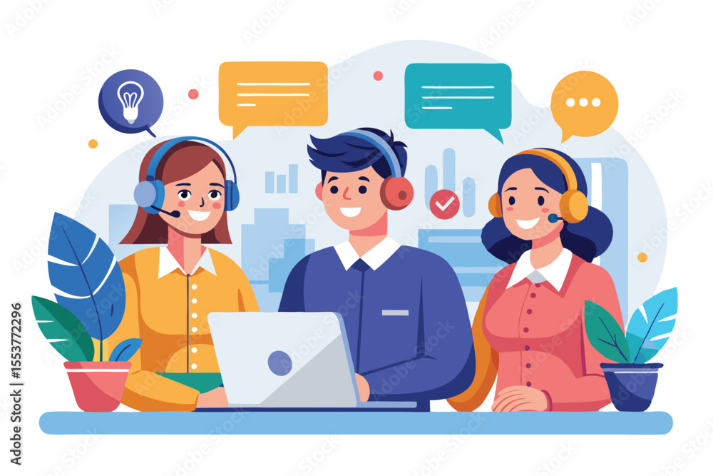 Aufkleber group of hotline operators providing advice to clients in a modern office environment during a busy 