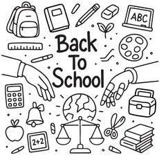 Black and White Doodle Vector Illustration of Back to School Supplies with Hand-Drawn Typography