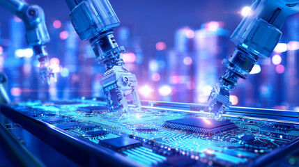 Two robotic arms are skillfully assembling and manipulating components on a microchip against a vibrant backdrop of neon lights in a high-tech cityscape, showcasing innovations in automation