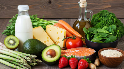 Healthy Food Assortment Fresh Produce, Dairy, and Fish