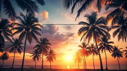 Obraz premium Tropical sunset paradise framed by silhouetted palm trees