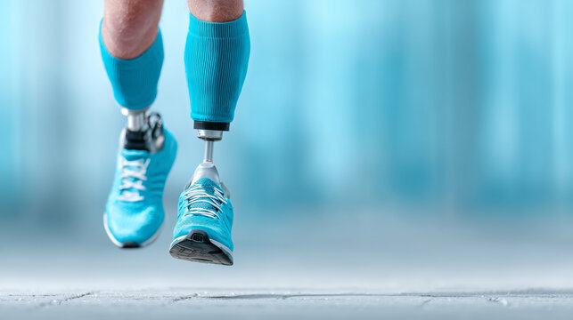 A determined athlete with prosthetic legs showcases incredible strength and resilience while running in a marathon competition - Powered by Adobe