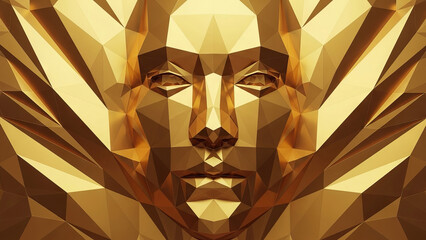 Abstract golden face with geometric low poly design and shiny texture