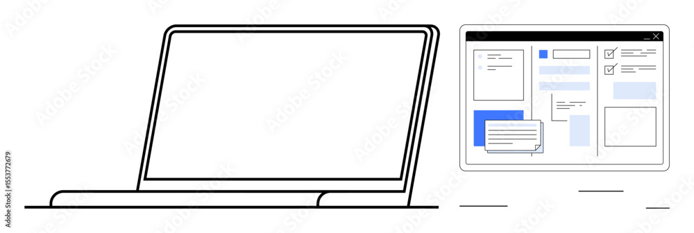 Poster open laptop displaying website interface, including chat box and organized content. ideal for web de