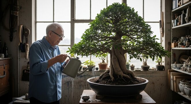 Senior Gardener Watering a Majestic Bonsai Tree in a Workshop