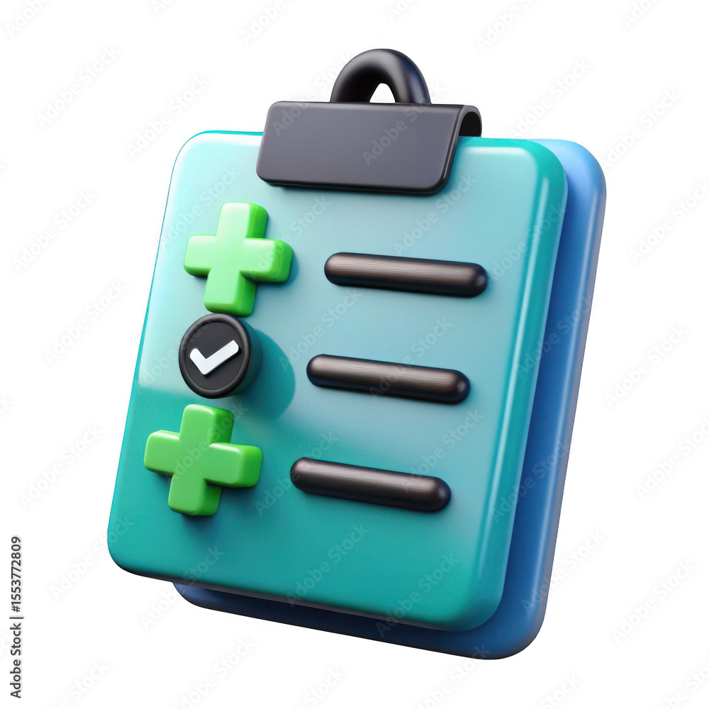 Poster 3d rendered checklist with green plus signs and checkmark isolated on transparent background