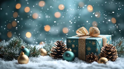 A Teal Christmas Gift Under Falling Snow