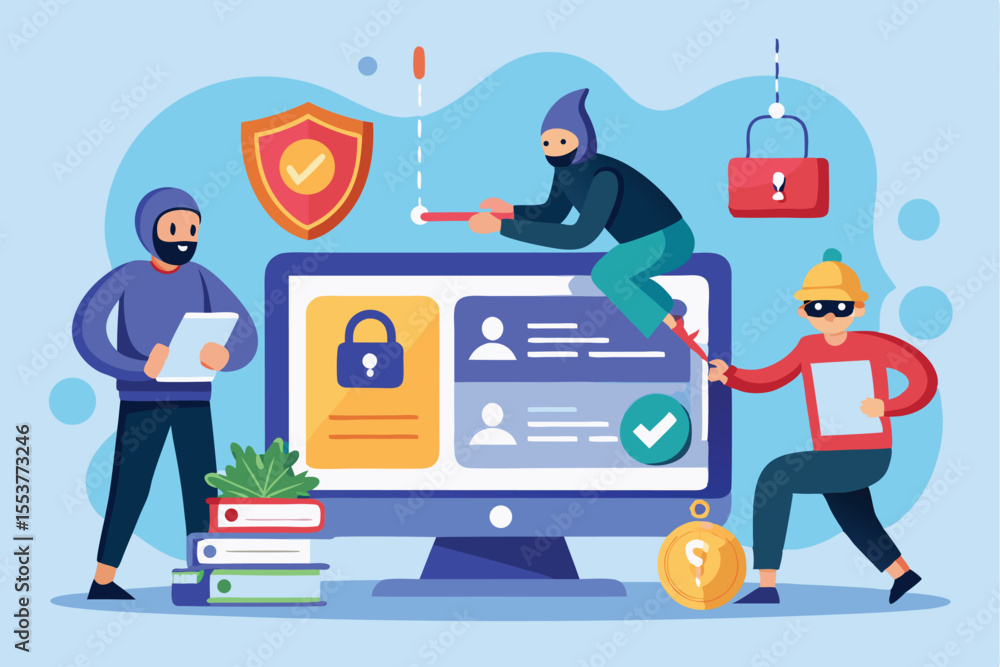 Poster concept of phishing hacker attack with cybercriminals attempting to steal sensitive information onli