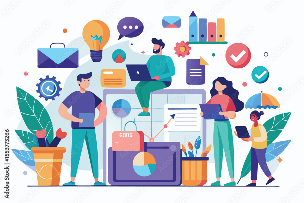 Poster promotion of flat tiny products by diverse individuals in a creative workspace setting with various 
