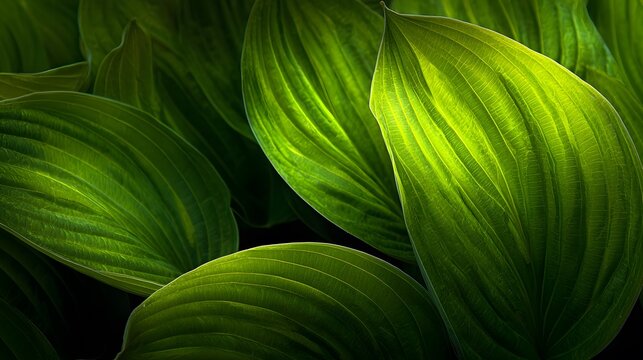 Macro photographic study of luminous Hosta leaves highlighting intricate textures and natural vibrancy in a close-up botanical composition