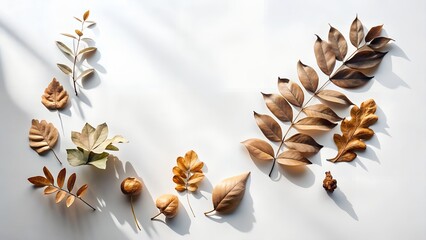 Autumn leaves and seed pods arranged on a white surface with sunlight