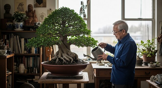 Senior man carefully watering a meticulously grown bonsai tree indoors near a window