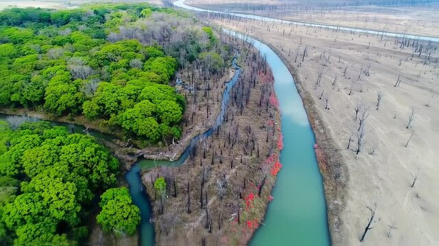 Aerial view of forest fire aftermath, natural disaster in Ibera Wetlands