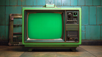 Vintage TV with green screen mock-up showcasing nostalgic 90s technology concept. Stunning closing shot capturing retro aesthetics.