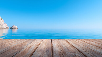 Fototapeta premium The calm waters reflect the bright blue sky as a wooden dock extends over the tranquil sea. Nearby rocky formations add to the peaceful atmosphere of the coastal scene