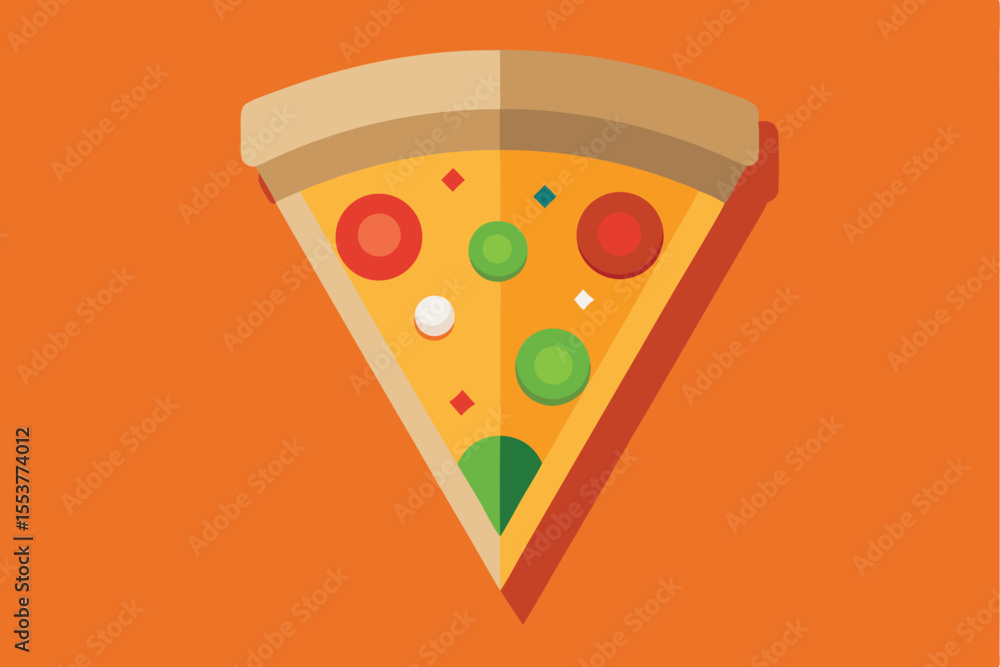 Poster flat pizza slice with geometric toppings displayed against an orange background showcasing simple co
