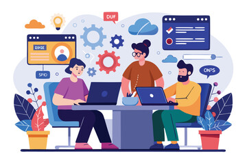 Fototapeta premium Collaboration of devops developers in a modern office workspace focuses on software efficiency and system reliability through teamwork and problem-solving