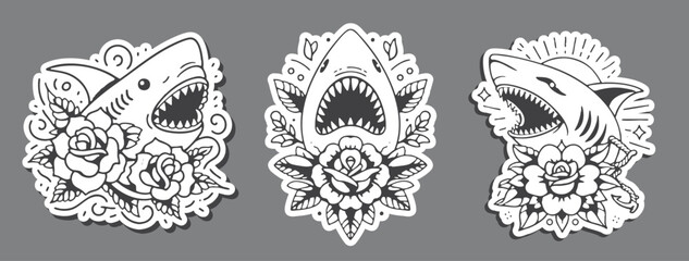 Set of Monochrome Shark Tattoo with Flowers in Grunge Style