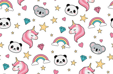 UNICORN PANDA KUALA RAINBOW SEAMLESS PATTERN © Vicky