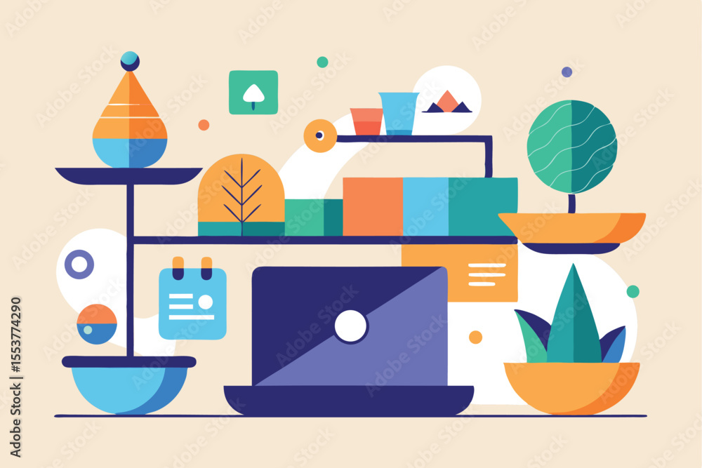 Poster exploring work life integration with vibrant flat vector illustration showcasing productivity and ba