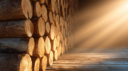 Soft rays of light shine on neatly arranged logs stacked against a textured wooden wall. The warm tones create a peaceful atmosphere in this serene interior setting during morning hours
