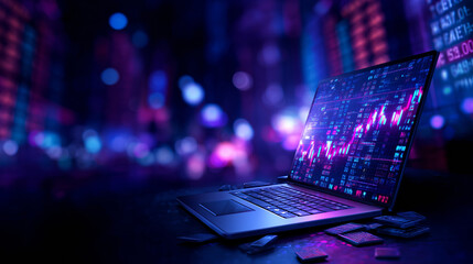 A laptop displays real-time stock market data against a backdrop of glowing city lights. Colorful graphs and charts signify trading activity in a lively atmosphere at night