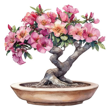 watercolor of A Desert Rose Bonsai, vector, isolated on a white background.