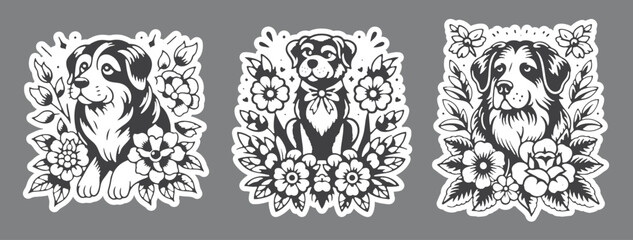 Old School Dog Flower Illustration Set