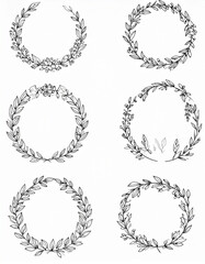 collection of elegant floral wreaths in hand-drawn style, suitable for invitations, wedding designs, branding, and decorative projects.label, old-fashioned, design element, floral pattern, 