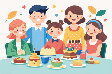 Happy family celebration with children enjoying desserts at a table during a festive gathering in a cheerful atmosphere