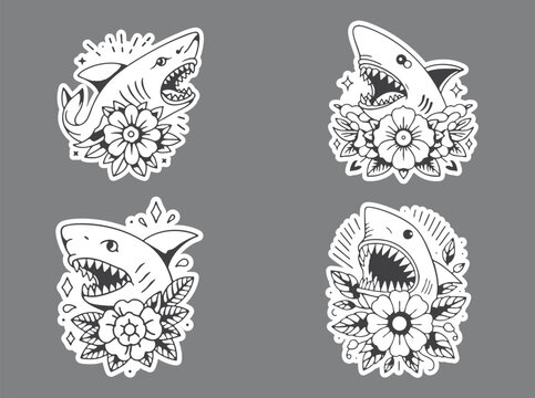 Old school Shark Set Tattoo With Ornamental Flowers &ndash; Monochrome Style
