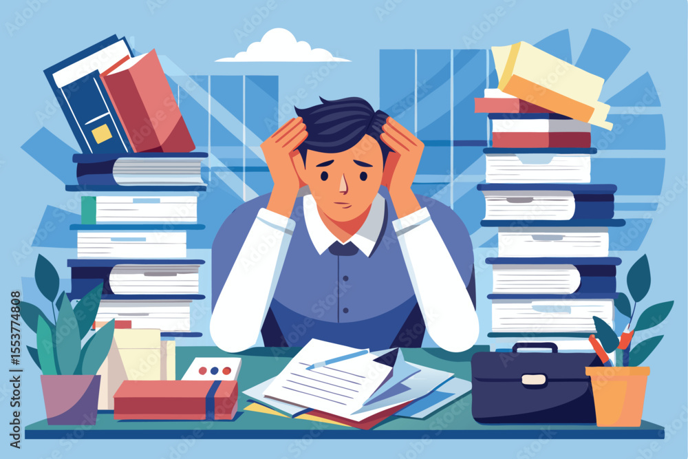 Poster exhausted office worker struggles under piles of paperwork while seated at a cluttered desk in a mod