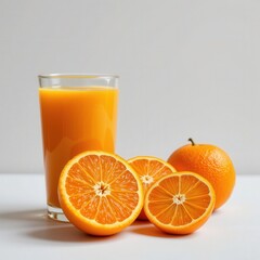 Fresh Orange Juice in a Glass with Juicy Oranges on a White Surface, Bright and Refreshing Drink