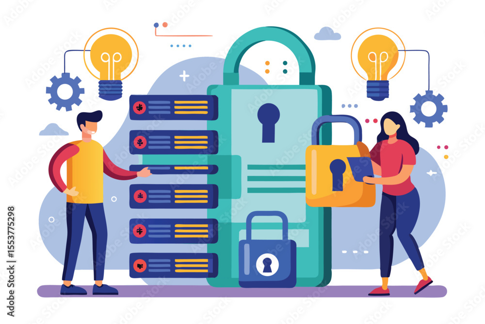 Poster two individuals engaging in the process of locking digital passwords while surrounded by technology 