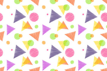 Abstract geometric pattern using rich colour, reflecting creativity and fun. Triangles and circles on a white background. Vector illustration