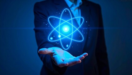 Businessman Holding a Glowing Atom Symbol