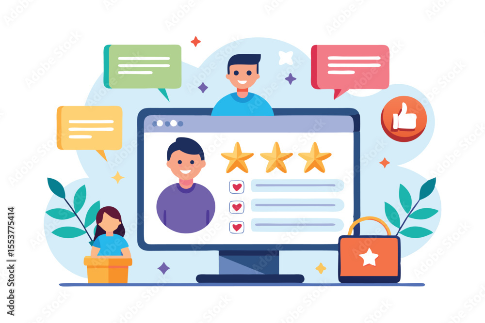 Aufkleber customer and user feedback displayed on a computer screen with reviews and ratings alongside cheerfu