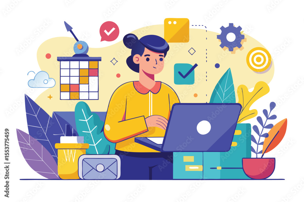 Aufkleber vector design studio showcasing a yellow concept with a person engaged in creative work and surround